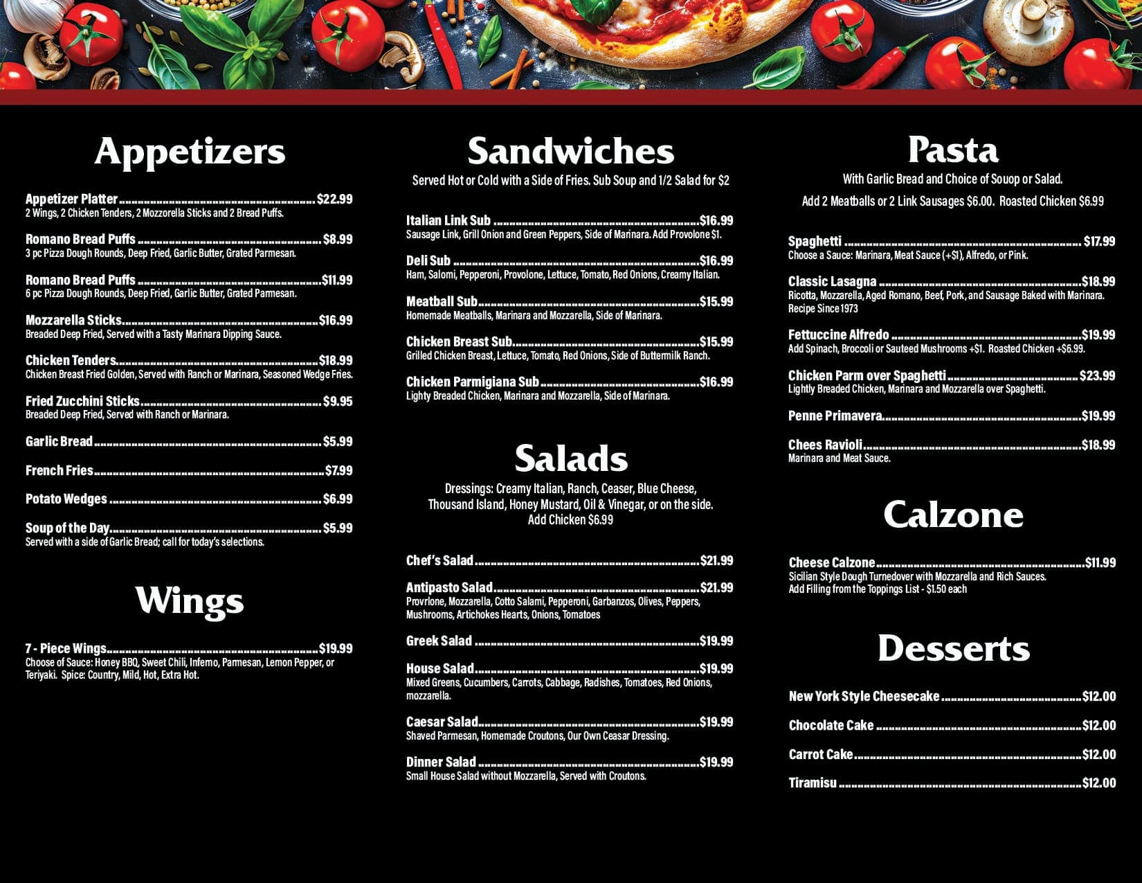 Printed menu, Page 1. Appetizers, wings, sandwiches, salads, pasta, calzone and desserts. The same items are listed in text above.