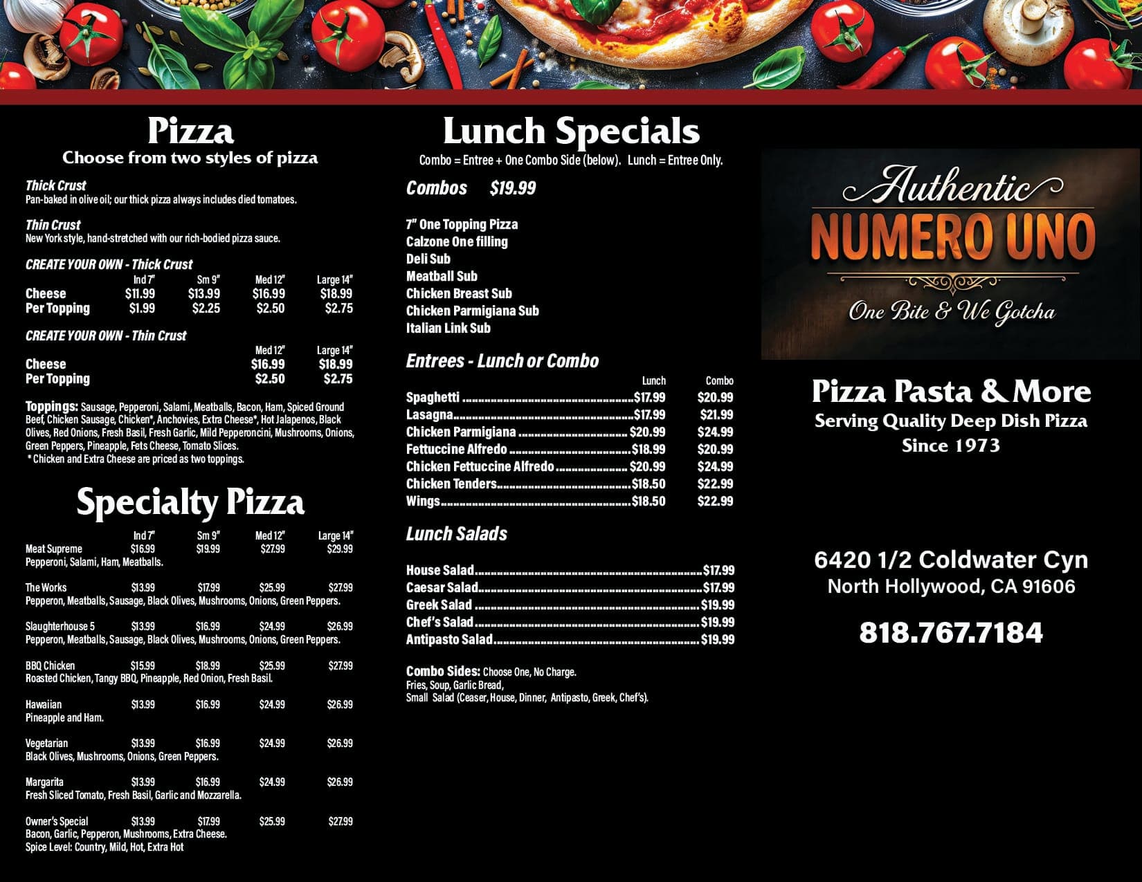 Printed menu, Page 2. Pizza, specialty pizza and lunch specials. The same items are listed in text above.